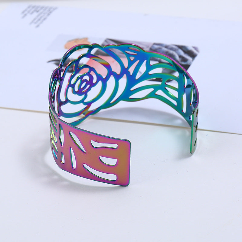 Wholesale Wide hollow metal rose open carved colorful bracelet